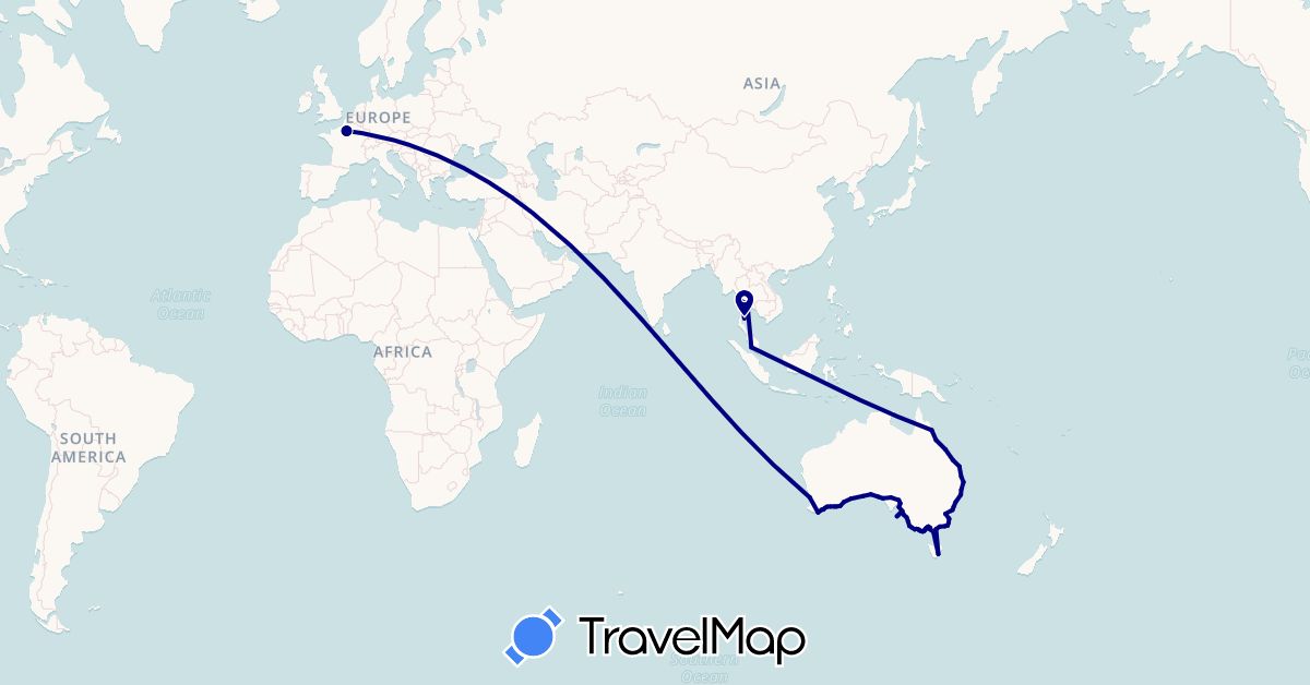 TravelMap itinerary: driving in Australia, France, Malaysia, Thailand (Asia, Europe, Oceania)